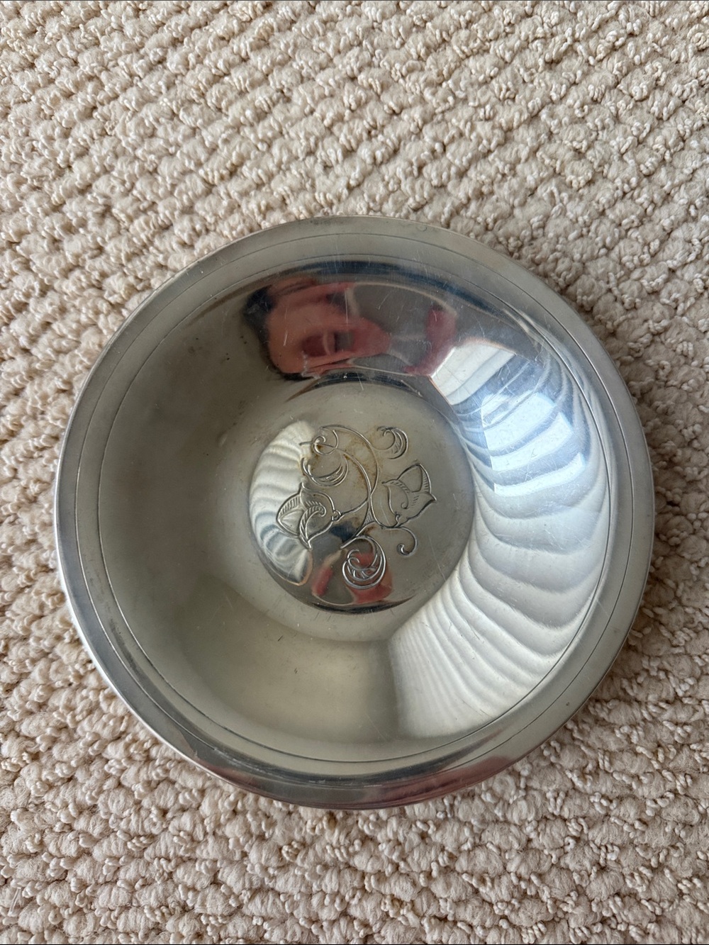 Silver-Tone Decorative Metal Plate with Floral Engraving